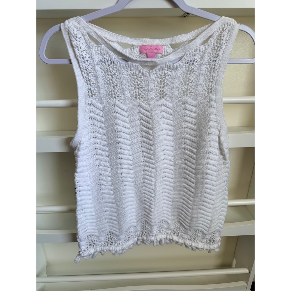 Lilly Pulitzer White Cotton Knit Sleeveless Tank Top Chevron Pointelle Tassels L